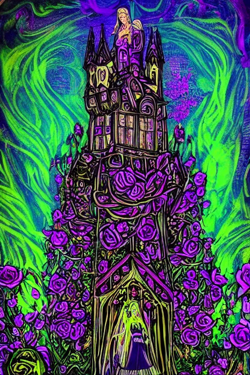 Prompt: Psychedelic black light style, nostalgia of a fairytale, elegant fairytale tower covered in roses, full body portrait of medieval princess, cottagecore, Exquisite, dramatic lighting