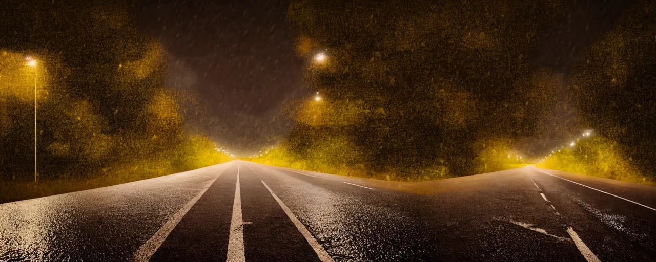 Prompt: at night, it is raining in the sky, a large road extends into the distance, the leaves on both sides of the road are yellowed by the street lights, tranquility, film texture, super fine, 8 k