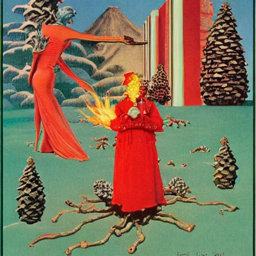 Image similar to illustrated portrait vogue designer Santa Claus Sacrificing the Elves to a Volcano God Altar made of pinecones and fire kenny scharf heinrich lefler giorgio de chirico marc simonetti norman rockwell postcard stamp