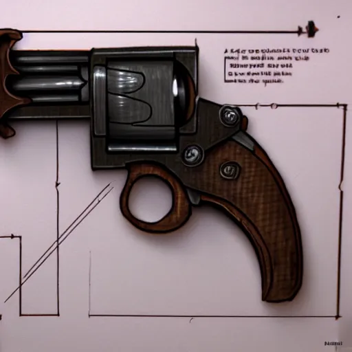 Prompt: technical drawing a steampunk revolver