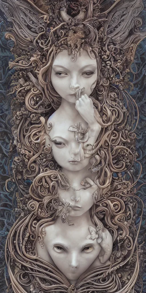 Prompt: a sculpture of mythical creatures by hannah yata, elegant and beautiful female face with her third eye open, carved in stone, intricate, elegant, highly detailed, digital painting by audrey kawasaki, artstation, concept art, ambient occlusion, vray render,