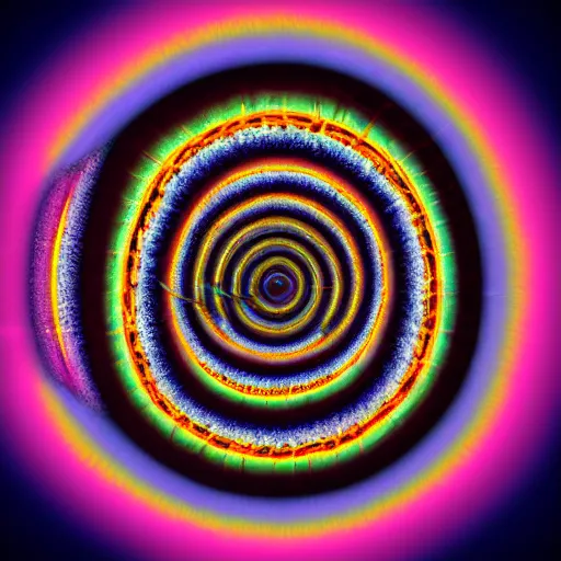 Image similar to an ominous sphere made of eyes phyllotaxis spiral psychedelic chromatic aberration hd