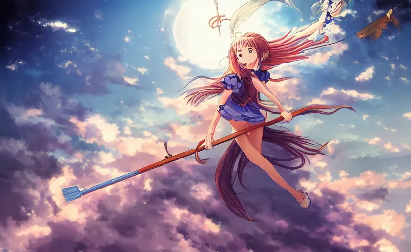 Prompt: an anime girl flying through the sky on a magical broomstick, manga art
