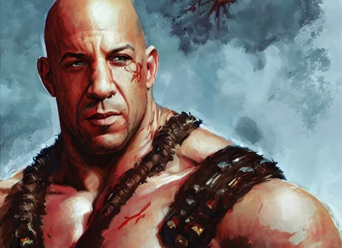 Prompt: a highly detailed beautiful portrait of vin diesel as kratos, by gregory manchess, james gurney, james jean