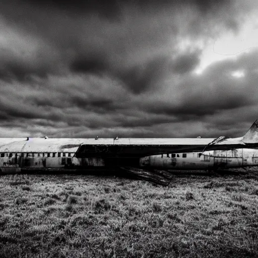 Prompt: black and white press photograph of a rusted abandoned business jet on an abandoned hangar, full view, detailed, natural light, mist, film grain, soft vignette, sigma 5 0 mm f / 1. 4 1 / 1 0 sec shutter, imax 7 0 mm footage
