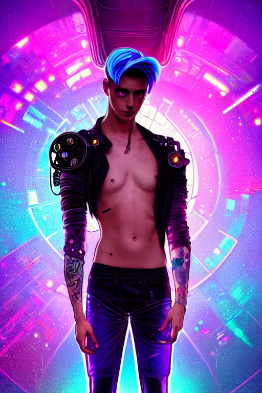 Image similar to portrait of a beautiful young fit cyberpunk man, rainbow futuristic hairs, digital tatoos, holographic clothes, psichedelic, by greg rutkowski and alphonse mucha, d & d character, gradient purple to silver, in front of a futuristic background, highly detailed portrait, digital painting, artstation, concept art, smooth, sharp focus ilustration, artstation hq