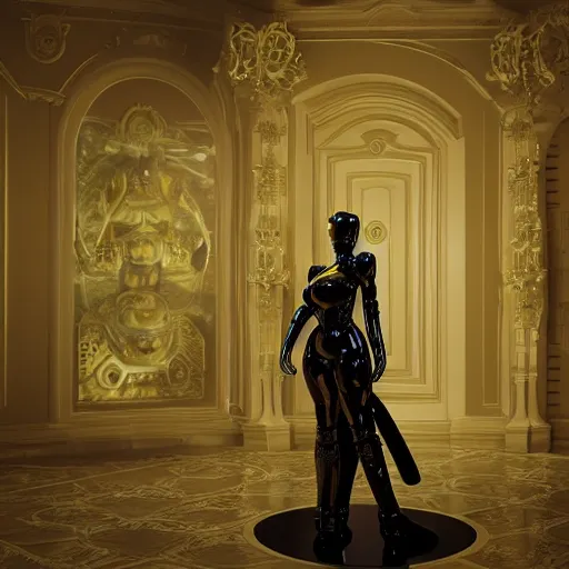 Image similar to octane render, a complex high poly cinematic 3 d model of a giant robotic android woman made out of porcelain with golden grout, jewel tone glowing eyes, fiber optic hair, inside a black rococo palace, 8 k, unreal enging, cinema 4 d, cinematic angle