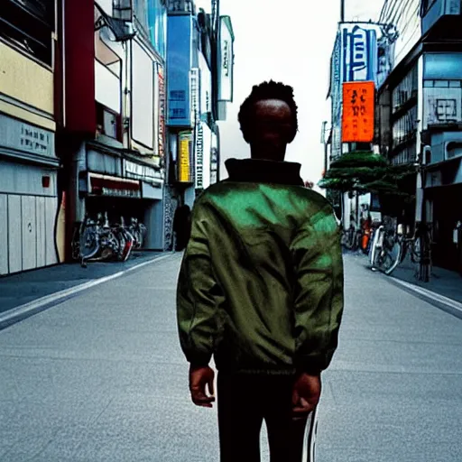 Image similar to black man with afro hair, stubble, wearing an adidas army green jacket, in the streets of tokyo, akira style, by katsuhiro otomo, anime