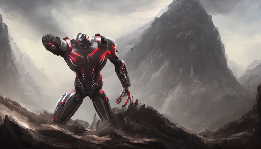 Image similar to concept art of a ultron in a mountain by jama jurabaev, trending on artstation, high quality, brush stroke, for aaa game