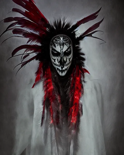 Image similar to the ghost - spirit of the grim - warpaint wears the scarlet skull armor and native blood headdress feathers, midnight fog - mist!, dark oil painting colors, realism, cinematic lighting, various refining methods, micro macro autofocus, ultra definition, award winning photo, photograph by ghostwave - gammell - giger - shadowlord