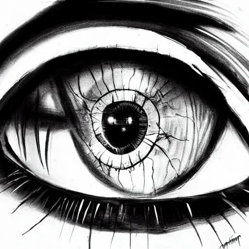 Image similar to highly detailed ink sketch of a human eye that is shattered like a mirror heavy black high contrast anatomical detail black and white