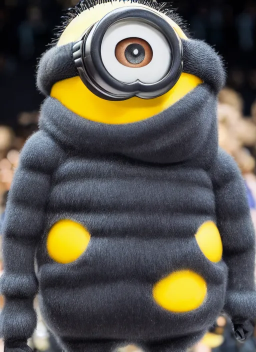 Image similar to hyperrealistic and heavy detailed moncler runway show of minions, leica sl 2 5 0 mm, vivid color, high quality, high textured, real life