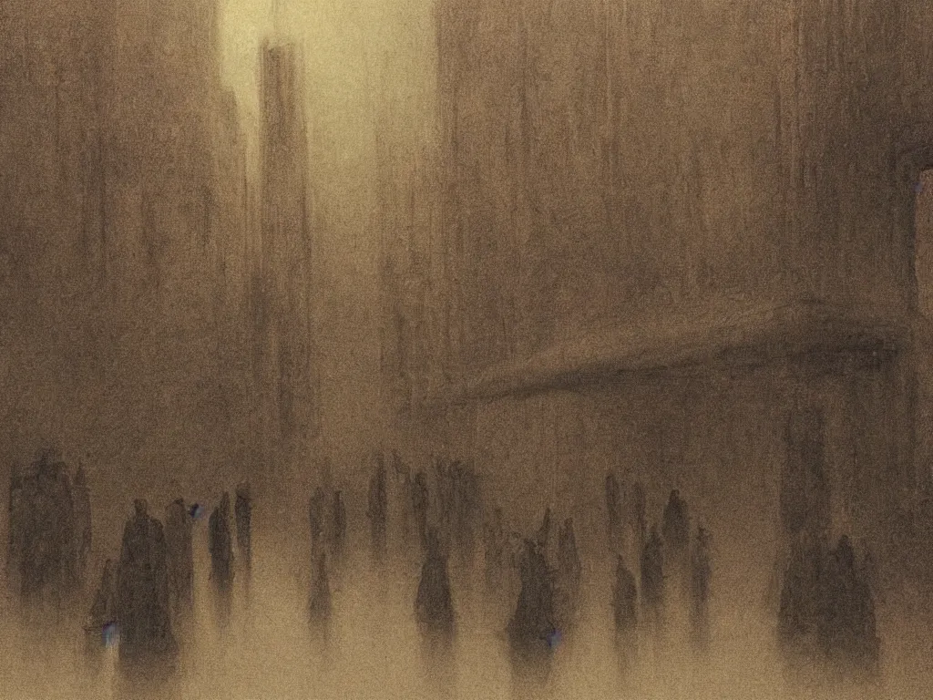 Prompt: few people waiting in a bus stop in dark city night, high quality, detailed, high resolution, in the style of zdizlaw beksinski