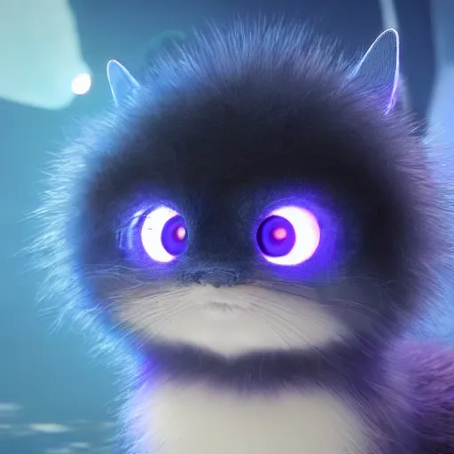 Image similar to ultra-realistic ultra-detailed adorable fluffy bioluminiscent headphones in the style of ghibli kazuo oga, blue and purple fur, big ears, beautiful light big eyes, underwater landscape, DOF, soft lighting, unreal engine render