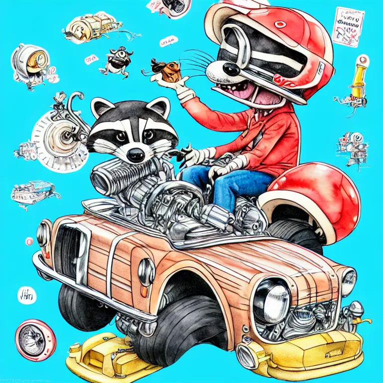 Image similar to cute and funny, racoon wearing a helmet riding in a 1 9 6 5 ford shelby with oversized engine, ratfink style by ed roth, centered award winning watercolor pen illustration, isometric illustration by chihiro iwasaki, edited by range murata, tiny details by artgerm and watercolor girl, symmetrically isometrically centered, sharply focused