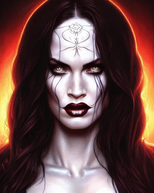 Image similar to portrait of megan fox as lady death, albino, lady death, chaos comics, coffin comics, hell, intricate, headshot, highly detailed, digital painting, artstation, concept art, sharp focus, cinematic lighting, illustration, art by artgerm and greg rutkowski, alphonse mucha, cgsociety