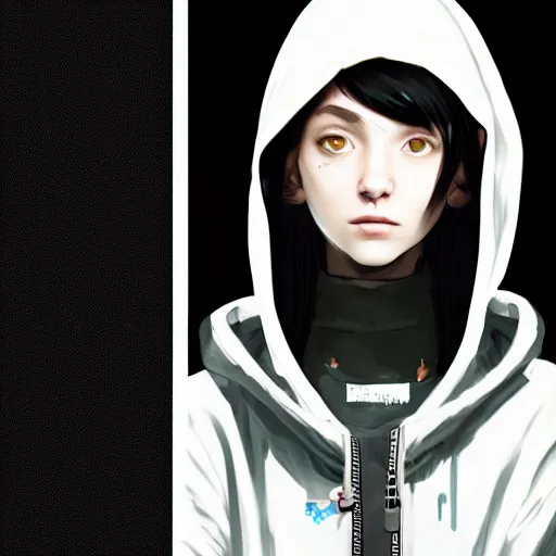 Image similar to a pale skinny white young girl with black hair, the hime cut, 1 8, in a black hoodie, and a cat, apex legends character, digital illustration portrait design, by android jones and greg rutkowski, retrowave color scheme, detailed, cinematic lighting, wide angle action dynamic portrait