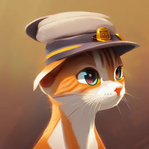 Image similar to a train conductor tabby cat, wearing a train conductor hat. By Makoto Shinkai, Stanley Artgerm Lau, WLOP, Rossdraws, James Jean, Andrei Riabovitchev, Marc Simonetti, krenz cushart, Sakimichan, trending on ArtStation, digital art.