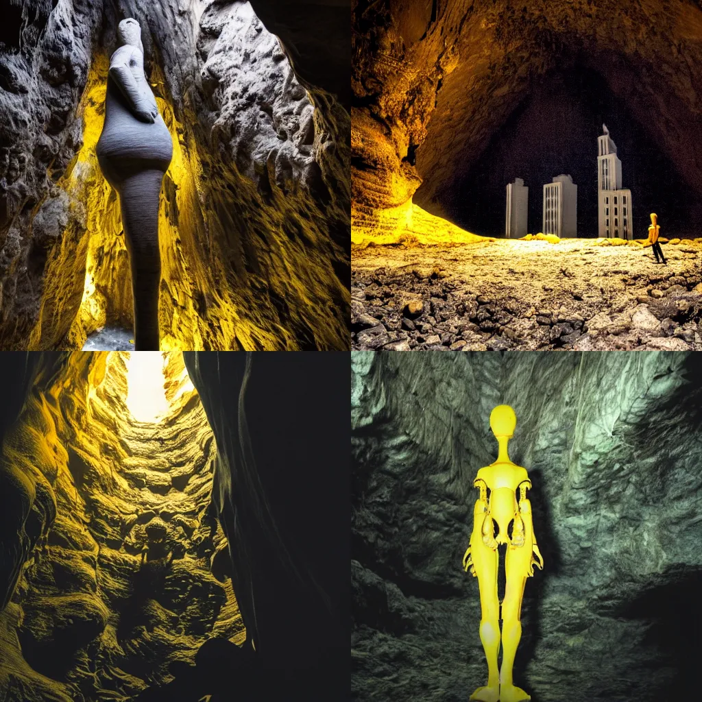 Prompt: photo of a giant organe human figure inside a giant dark rock cavern, next to a giant skyscraper with thousands of floors and bright yellow windows