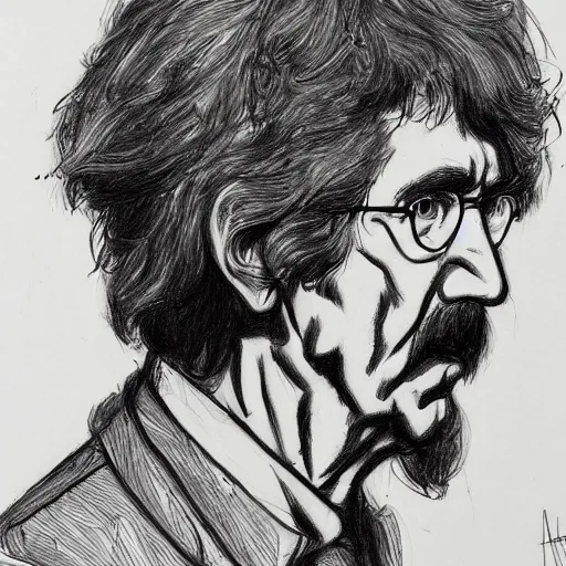 Prompt: a realistic yet scraggly portrait sketch of the side profile of a stern and sophisticated george harrison, trending on artstation, intricate details, in the style of frank auerbach, in the style of sergio aragones, in the style of martin ansin, in the style of david aja, in the style of mattias adolfsson