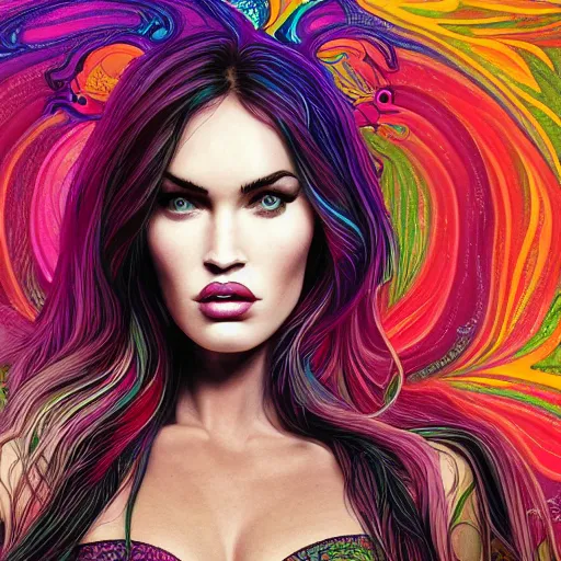 Image similar to an extremely psychedelic portrait of megan fox as lilith, surreal, lsd, face, detailed, intricate, elegant, lithe, highly detailed, digital oth, sharp focus, illustration,