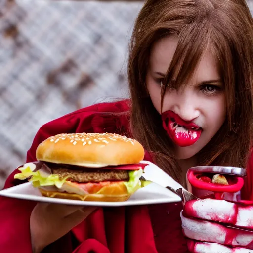 Prompt: Vampire eats a hamburger, 4k Photo