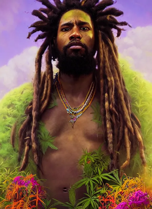 Prompt: portrait of fearless jamaican rasta warrior with flowing dreadlocks, surrounded by flowers of ganja. afrogoth matte painting concept art, beautifully backlit, intricate digital painting, subtle tones, cinematic aesthetic octane render, grimdark, by rhads, james jean, ross tran and artgerm