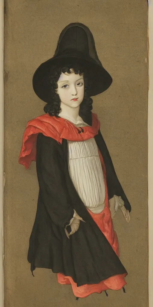 Prompt: a beautiful young girl with black curls wearing a wide-brimmed iron hat resembling a swallow's tail, dressed in a doublet and cloak
