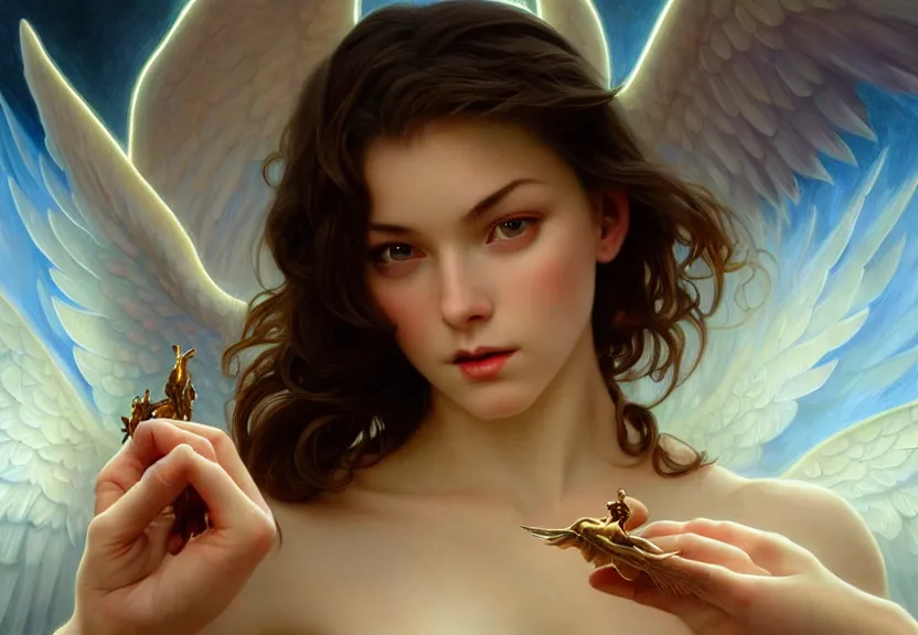 Prompt: pwerful angle demon afraid of an angel painting, good vs evil, highly detailed, digital painting, smooth, beautiful angle, weak demon, sharp focus, illstration, ultra realistic, dmon vs angle, heaven vs hell, 8 k, strong and powerful confident angle art by artgerm and greg rutkowski and alphonse mucha