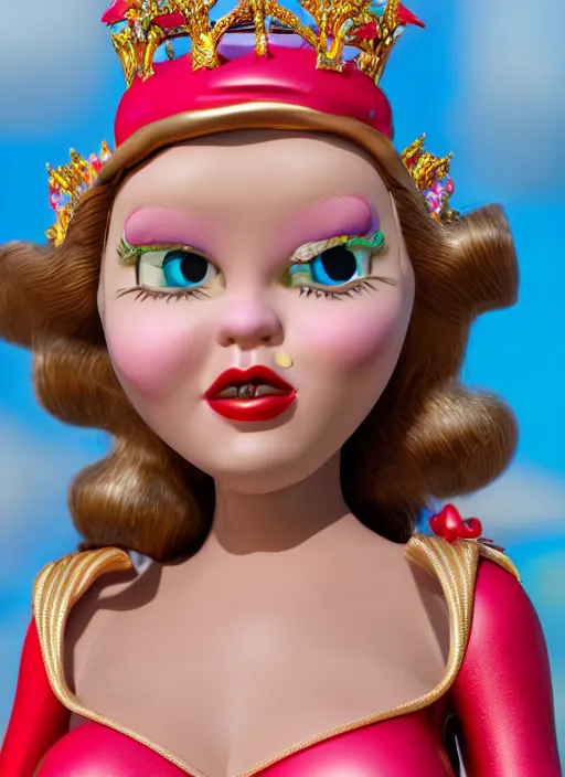Image similar to closeup face profile portrait of a tin toy fairytale princess wearing a crown eating cakes, bikini, depth of field, zeiss lens, detailed, symmetrical, centered, fashion photoshoot by dan decarlo, bob clampett, bill ward, max fleischer hyperrealistic, octane render