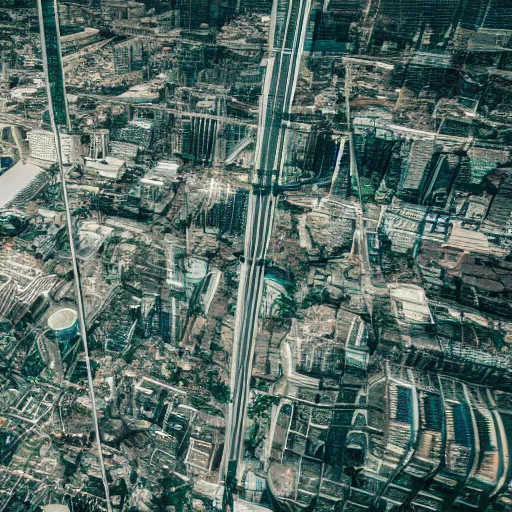 Image similar to futuristic urban decay overgrown cityscape photo shot from helicopter ultradetailed 8 k