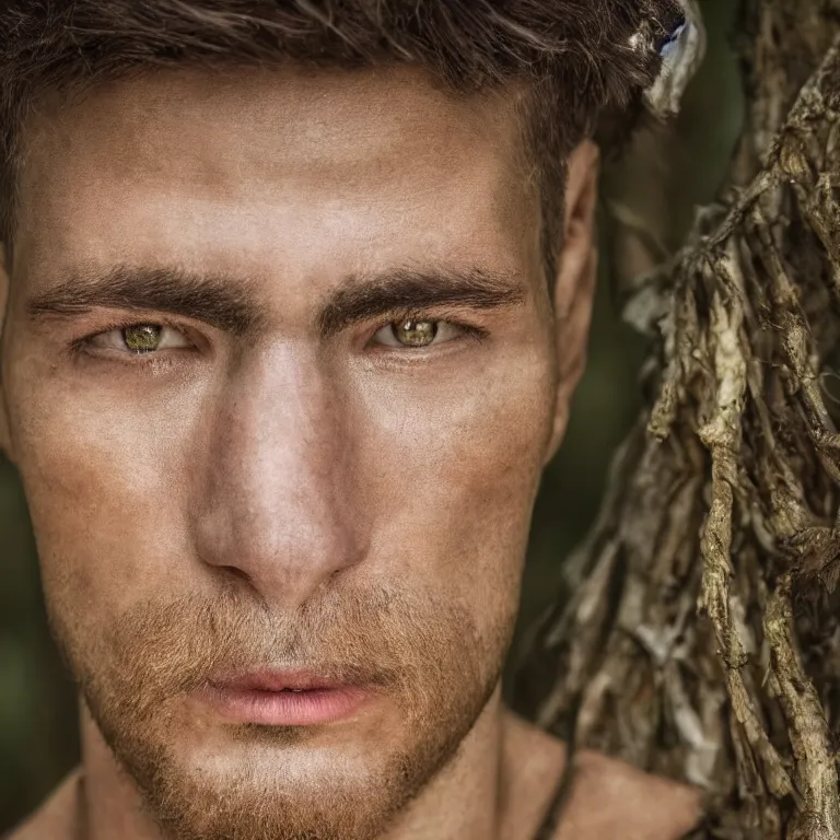 Prompt: closeup portrait photo of a male warrior, in a forest, elegant, highly detailed, centered, digital painting, smooth, sharp focus, 8 k. lifelike. soft light. nikon d 8 5 0