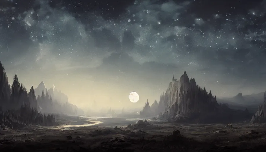 Prompt: a beautiful landscape at night, big moon on the right, stars in the sky, matte painting, dark blue tones, high contrast, intricate details, concept art, 4 k