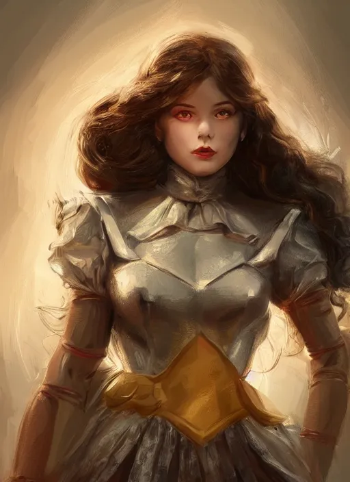 Prompt: three quarters portrait of a beautiful female Dorothy gale, full body, armor, super powers, fantasy, intricate, elegant, highly detailed, digital painting, artstation, concept art, shining, sharp focus, illustration, art by stanley lau