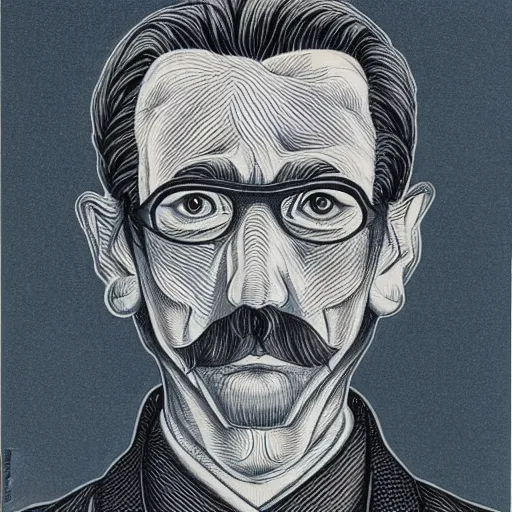 Image similar to M.C. Escher lithograph of Professor Moriarty, accurate face, correct face, symmetrical face, in the style of Lisa Frank