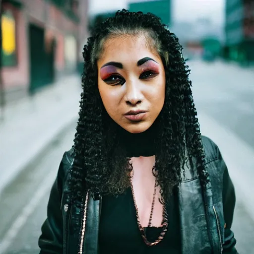 Prompt: Cinestill 50d candid photography of a city on fire, a techwear mixed woman wearing thick mascara and dark glitter makeup crying outside of a city on fire, tattoos, long shot, wide shot, full shot, blurry, 4k, 8k, hd, full color