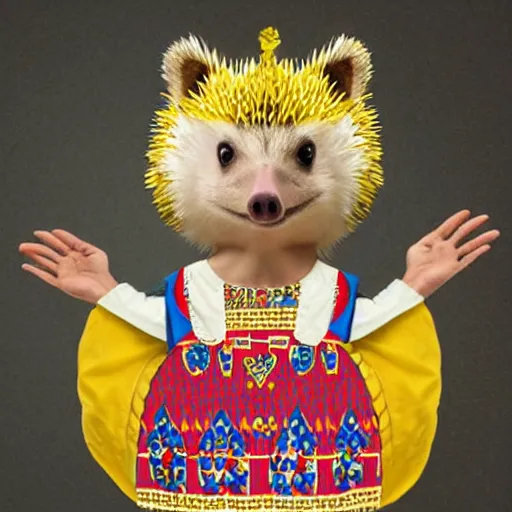 Image similar to anthropomorphic hedgehog wearing ukrainian national costume called vyshyvanka