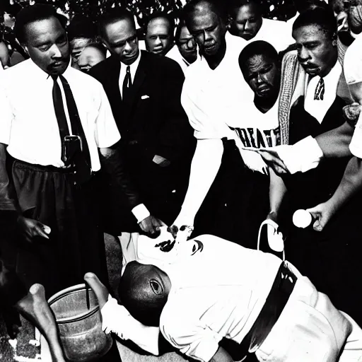 Prompt: a photograph of martin luther king jr poring a bucket of blood onto football coach