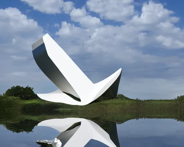 Image similar to photo of white minimalist abstract cubist sculpture of curvy spaceship with random small mecha mayan decorations, covered with few large white airplane parts with windows and doors, gigantic size, sunset lighting by a lake, the sculpture is reflected on the water