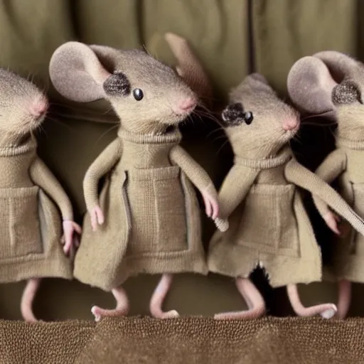 Image similar to group of mice wearing military outfits and going to war, dramatic