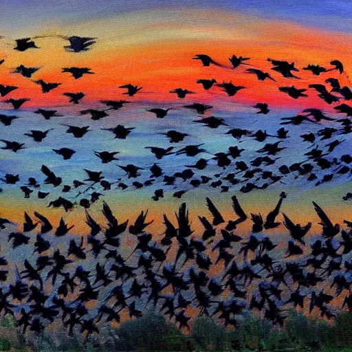 Prompt: a painting of a beautiful flock of crows flying at sunset, trending on artstation, masterpiece, in the style of Claude Monet