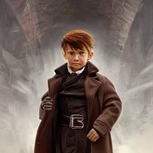 Image similar to A little boy wearing a trech coat looking dow , Graceful body structure,cute,Symmetrical face,highly detailed,elegant,Marc Simonetti and Caspar David Friedrich, Trending on artstation depicted as a action movie poster