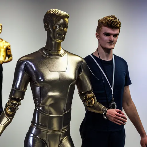 Image similar to a realistic detailed photo of a guy who is an attractive humanoid who is half robot and half humanoid, who is a male android, soccer players martin ødegaard & timo werner, shiny skin, posing like a statue, blank stare, in a museum, on display, showing off his muscles, gold soccer shorts, no jersey, several of them lined up, statue