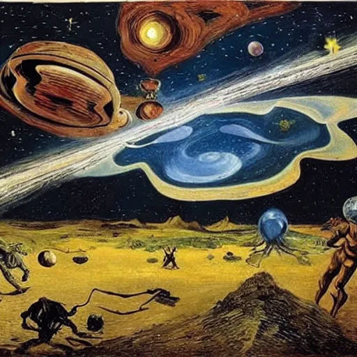 Prompt: a intergalactic war, painting by Michaelangelo and Salvador Dali and Van Gogh