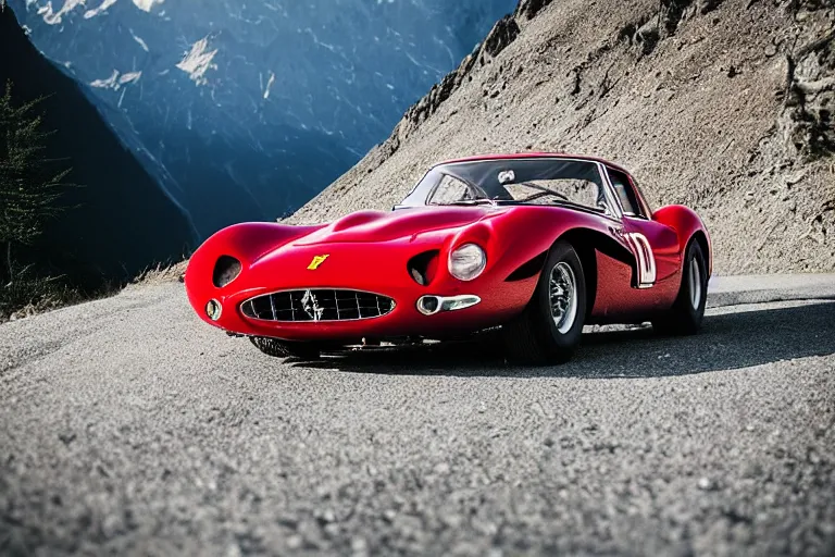 Image similar to car photography of “Ferrari 250 GTO series 2” in the Swiss Alps by Emmanuel Lubezki