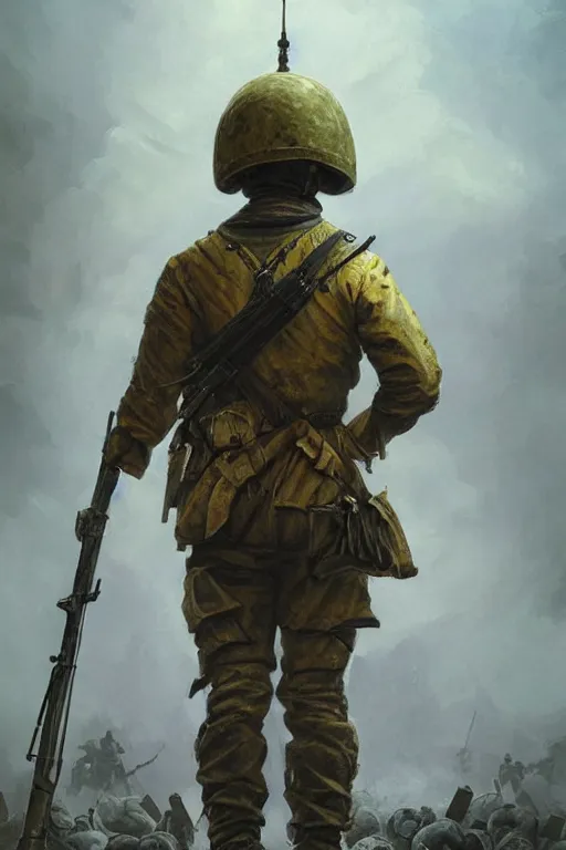 Prompt: a distant shot of a Ukrainian Battlefield 5 soldier with blue and yellow flag standing alone on a huge pile of skulls as a winner, masculine figure, D&D, fantasy, intricate, elegant, highly detailed, extremely detailed, digital painting, artstation, concept art, matte, sharp focus, symmetrical, illustration, art by Artgerm and Greg Rutkowski and Alphonse Mucha