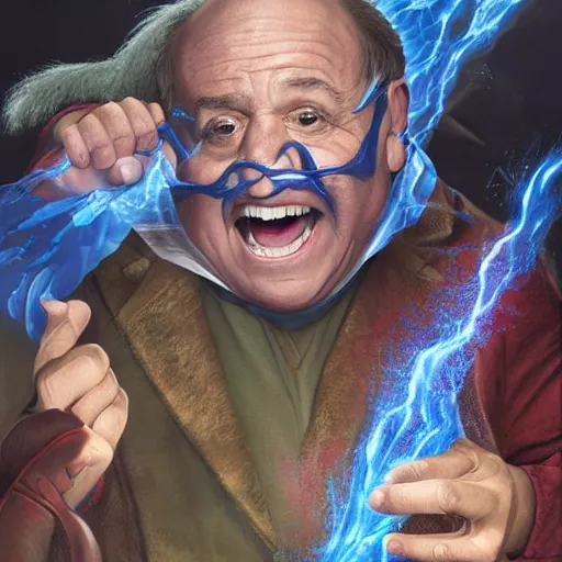 Image similar to Danny DeVito as angry wizard in adventure movie, highly detailed, sharp focus, digital painting, artwork by Victor Adame Minguez + Yuumei + Tom Lovell + Sandro Botticelli