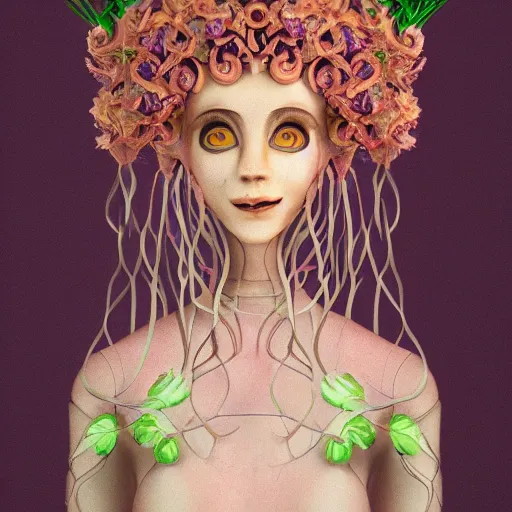 Image similar to cell shaded humanoid onion goddess, flower vine dress, crown, artstation, 4 k