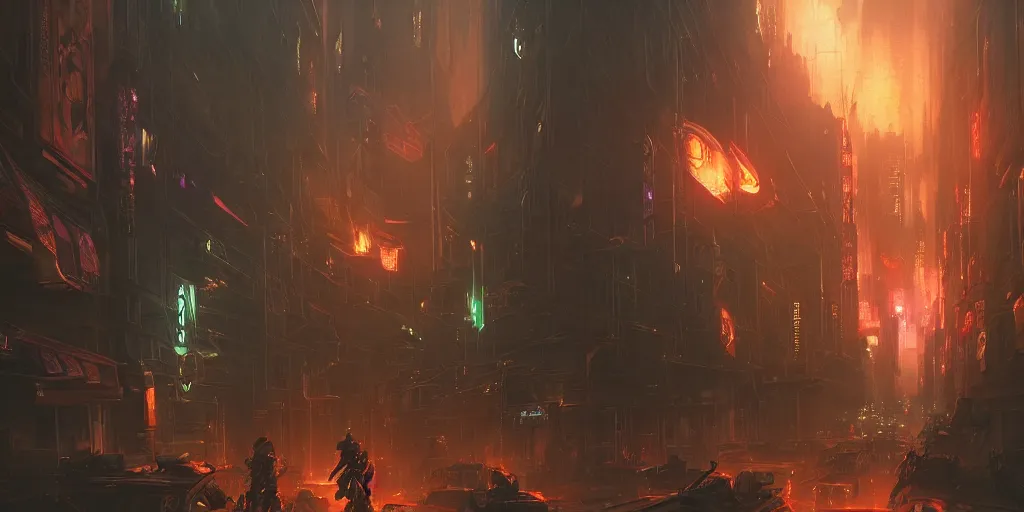 Prompt: a painting of a cinematic keyframe of a cyberpunk distopian city, arcane league of legends like, with fire by greg rutkowski, rule of thirds, golden ratio, ambient lighting, wlop, artgerm, artstation, highly detailed masterpiece, dark fantasy art, high detail, trending on artstation