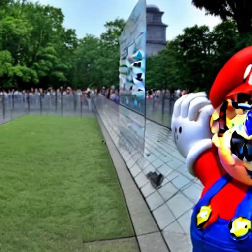 Image similar to mario dabbing, vietnam memorial background